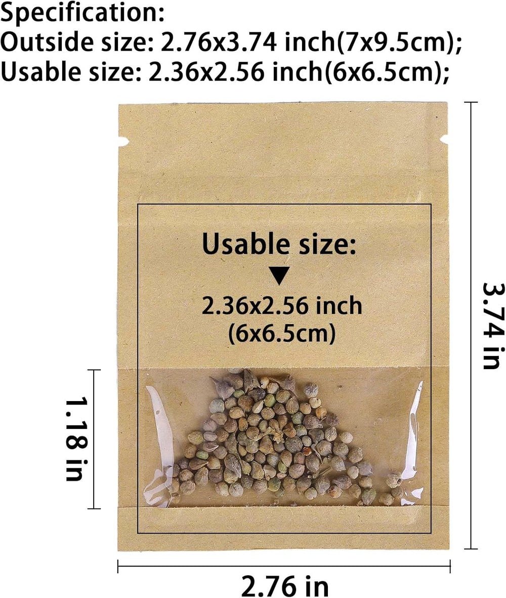 WACCOMT Pack 100 Stück Kleine Braune Wiederverschließbare Kraftpapier Samen Pakete Mit Klarem Fenster Münze Umschläge Taschen Reißverschluss Für Saatgut Blume Lagerung 7X9.5Cm(2.7X3.7Inch)