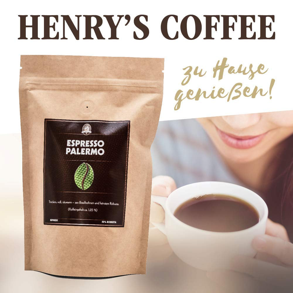 Henry's Espresso Palermo 1000g - prăjire italiană - aromă puternică - aciditate scăzută - calitate rafinată - prăjire manuală în Germania - boabe de cafea direct de la fermier