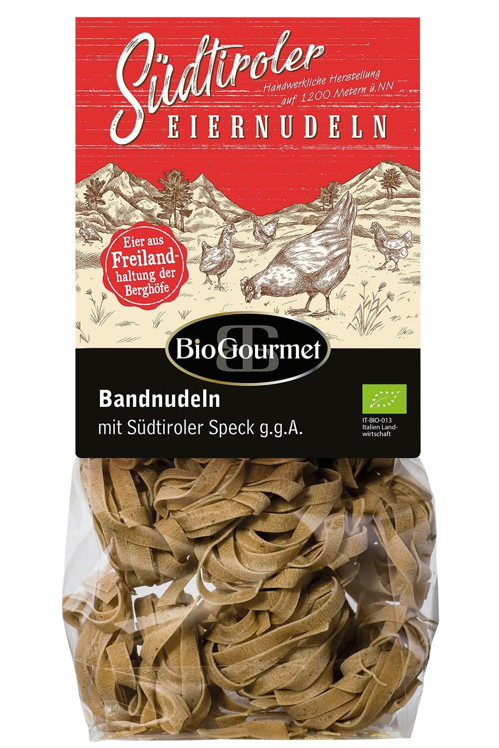 Tăiței panglică BioGourmet cu Schüttelbrot din Tirolul de Sud (IGP) | Tăiței de ou sărați și aromati cu speck autentic din Tirolul de Sud | 1 x 250g Bio