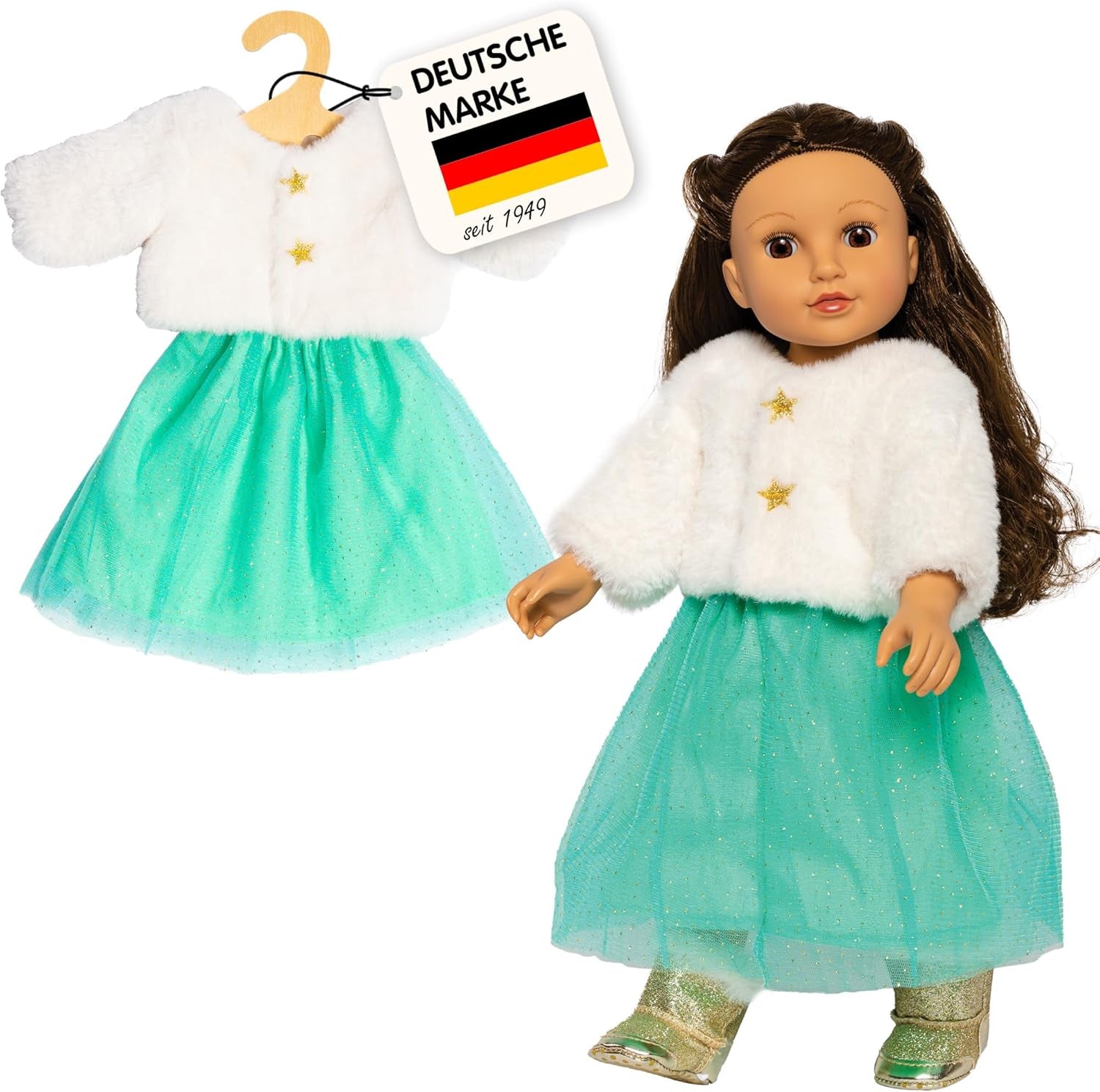 Heless 1370 - Puppenkleidung im Design Yuki, 2 teiliges Set in Weiß und Türkis, mit Jacke und Glitzertüllrock für Puppen und Kuscheltiere der Größe 28-35 cm