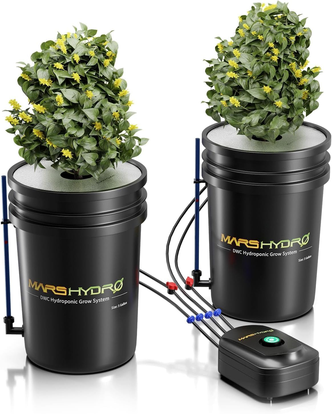 Sistem de creștere hidroponică Mars Hydro DWC, cultură în apă adâncă de 5 galoane, pompă de aer de 8 W, furtun de aer multifuncțional, piatră de aer, 2 găleți și kit de picurare în ghiveci