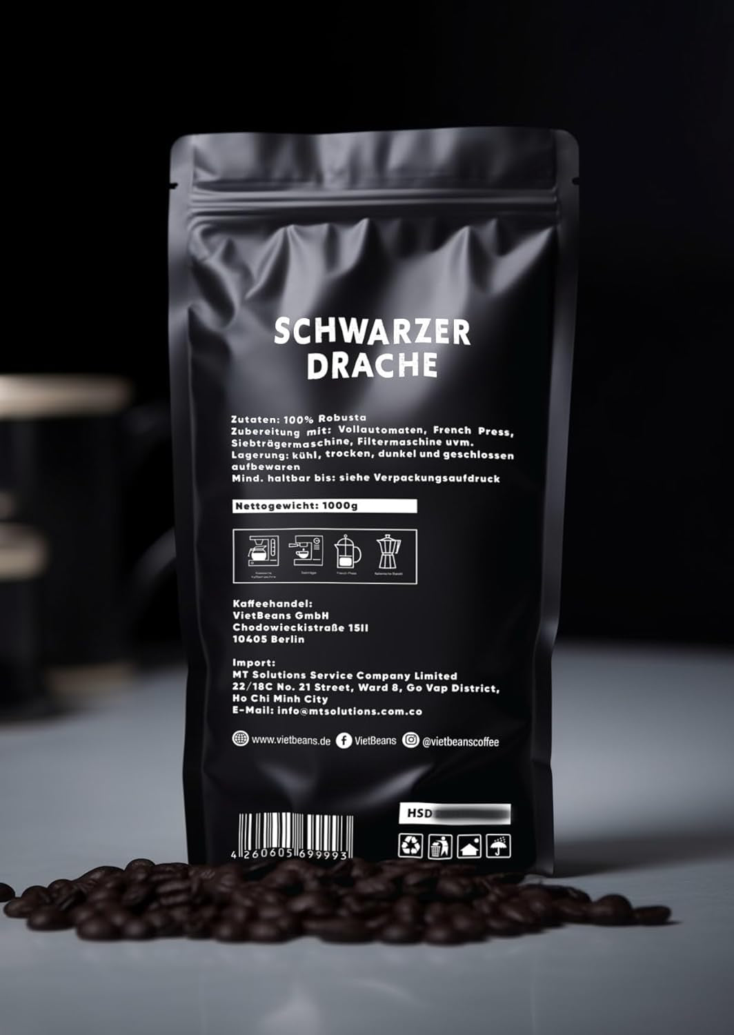 Black Dragon Espresso 100% Robusta - Boabe de cafea prăjite extra tari - Cafea foarte tare și corpolentă, cu conținut ridicat de cafeină - Espresso foarte tare