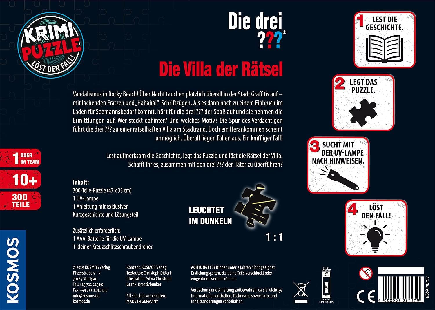 The Three ??? - Crime Puzzle - The Villa of the Puzzles By KOSMOS 697976, 300 piese, Strălucește în întuneric, Cu lampă UV, Citire, Puzzle, Rezolvarea puzzle-urilor, Puzzle detectiv De la 10 ani Puzzle Naty Shop