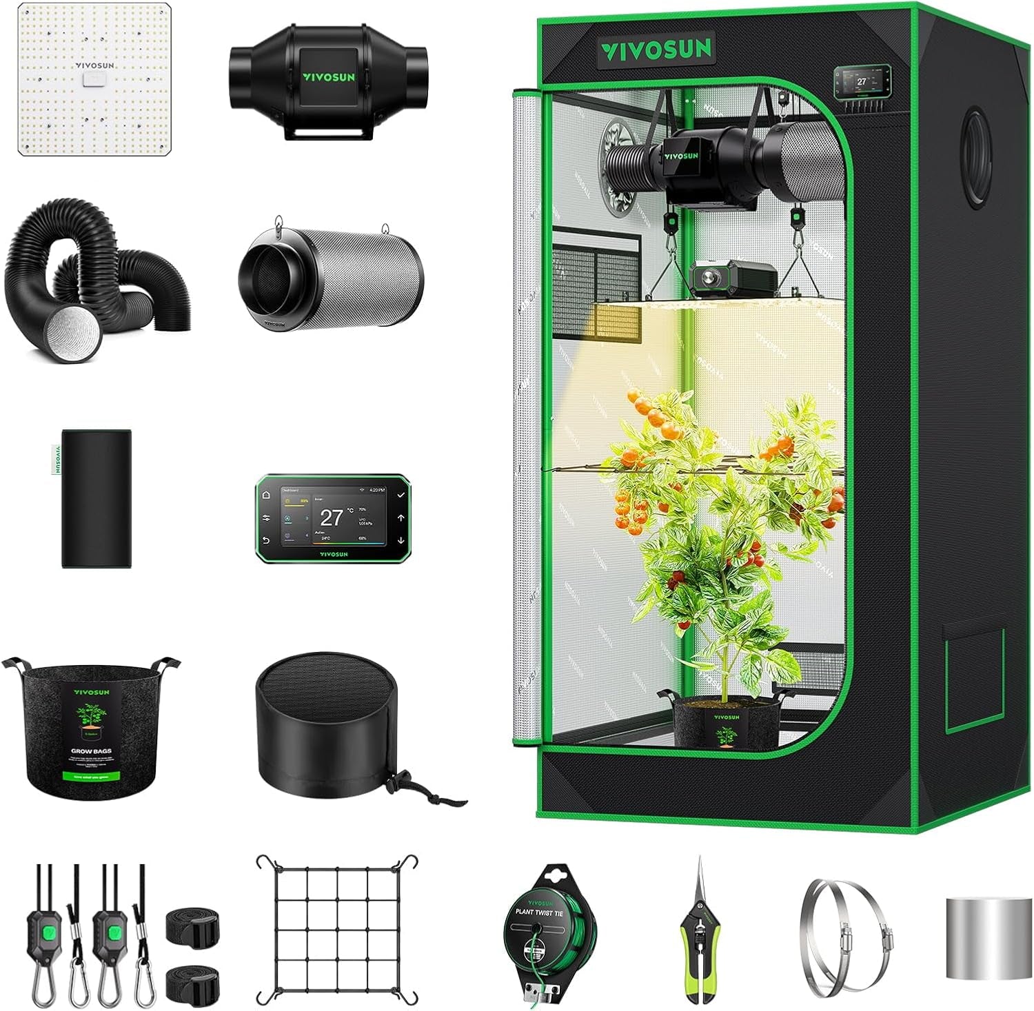 VIVOSUN Cort de Cultivare Inteligent Set Complet 60x60x120cm, sistem de creștere automat integrat WiFi cu lumină LED cu spectru complet de 100W și sistem eficient de ventilație cu controler GrowHub E42A+