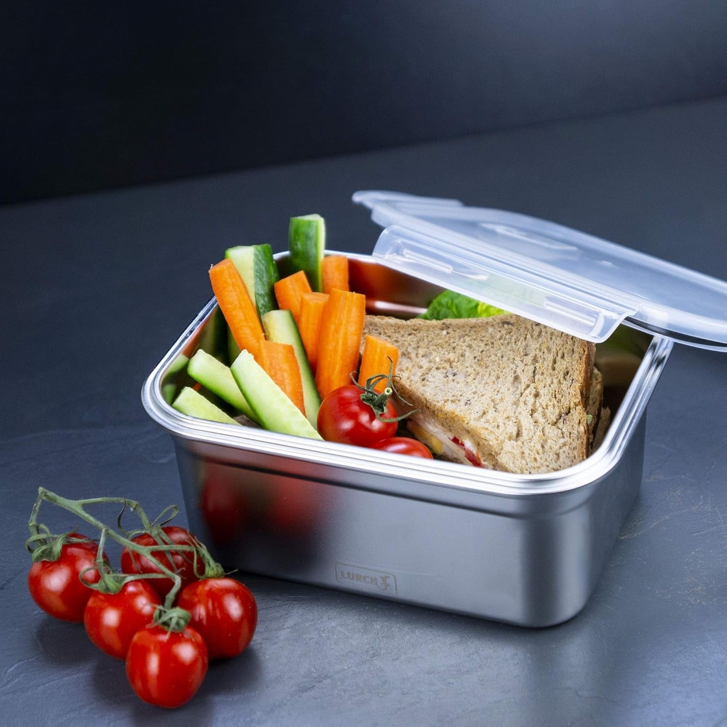 Lurch 240895 Cutie de prânz Cutie de siguranță/de depozitare din oțel inoxidabil de înaltă calitate cu capac din plastic fără BPA 2000ml, transparent Cutii depozitare alimente Naty Shop