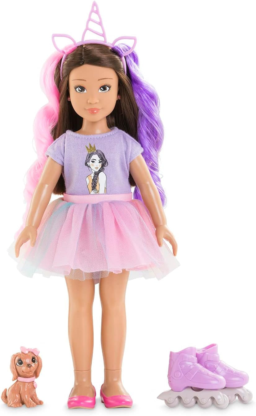 Corolle 9000600030 - Girls Luna Einhorn Set, Ankleidepuppe im Sommeroutfit mit Hund, mit Haarband, Ohrringe und extra Gummistiefel, 28cm Spielpuppe mit Vanilleduft, ab 4 Jahren