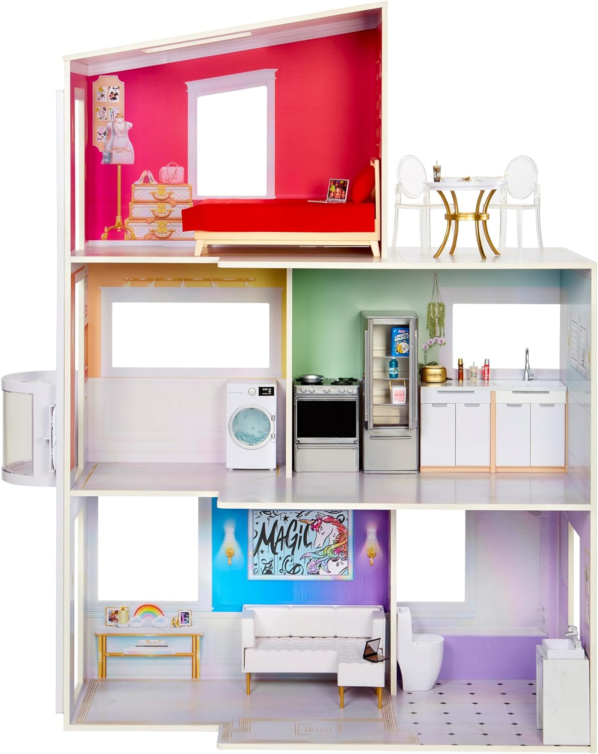 Rainbow High Townhouse - Casă de păpuși din lemn cu 3 etaje cu 5 camere colorate și terasă - Casă complet mobilată cu lift și accesorii funcționale - Jucărie pentru copii de la 4 la 12+ ani Casute de papusi Naty Shop 2023 Rainbow High Townhouse