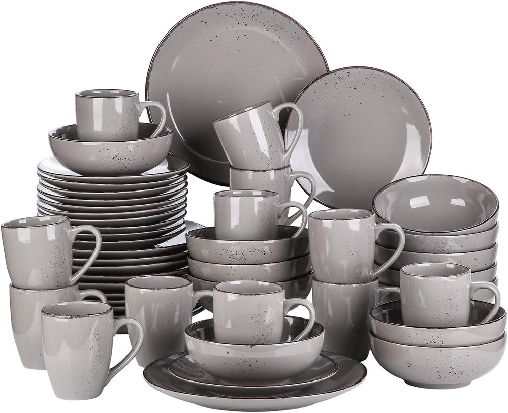 Set de veselă Vancasso pentru 12 persoane, set de veselă din gresie Navia, set combinat de 48 de piese cu farfurii, farfurii pentru salată, boluri și cești, aspect vintage, design natural