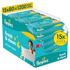 Șervețele umede Pampers Fresh Clean, 15 pachete a câte 80 de șervețele, 1200 de șervețele în total, parfum ușor, potrivite și pentru mâini și față