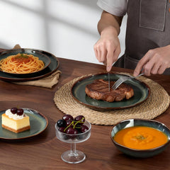 Set de veselă pentru 6 persoane, set de servire din gresie ceramică cu 24 de piese, set de veselă rotund neregulat cu farfurii, farfurii de desert, boluri pentru cereale, potrivit pentru cuptorul cu microunde și mașina de spălat vase, verde tundra reactiv
