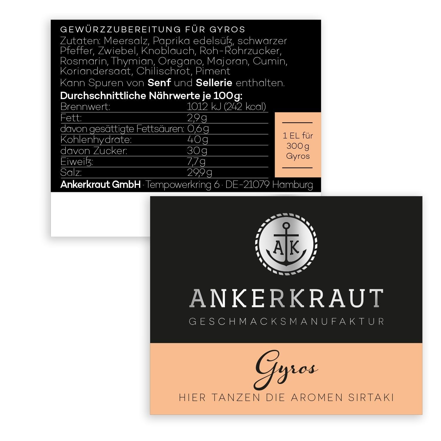 Ankerkraut Gyros, Gewürzmischung für Gyros, egal ob aus der Pfanne oder vom Grill, mit Zwiebel, Knoblauch, Majoran, Cumin, Piment und mehr, 80 g im Korkenglas