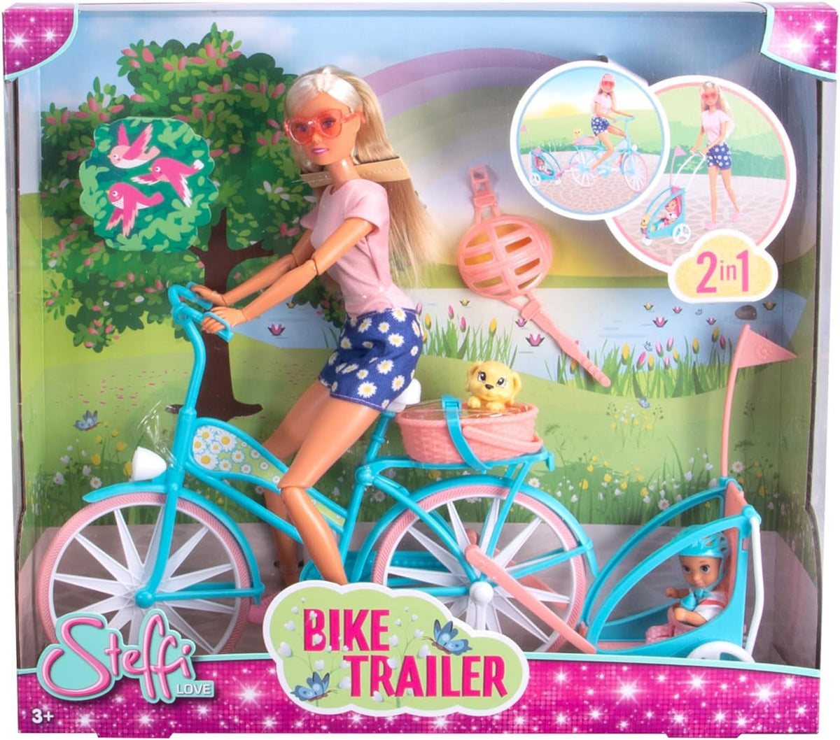 Remorcă pentru bicicletă Steffi Love, păpușă pe bicicletă cu remorcă pentru bebeluș, câine și căști, de la 3 ani în sus