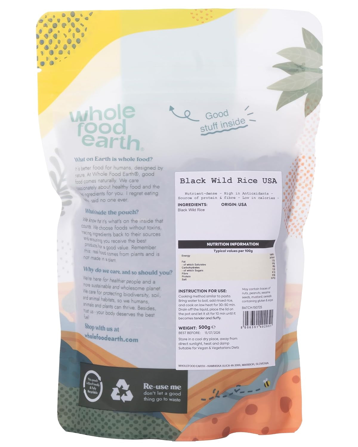 Orez sălbatic negru Wholefood Earth SUA - fără OMG - natural - vegan - fără lactate - fără zahăr adăugat, 500 g