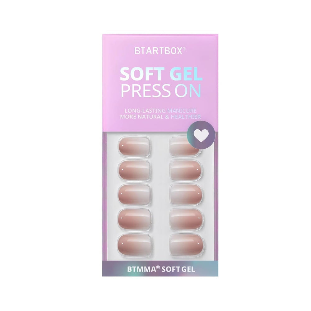 Btartbox Unghii False Scurte și Pătrate, Model Baby Boomer, pentru Lipire, Unghii False Albe, Roz Gradient, Unghii Artificiale Scurte cu Lipici de Unghii, 30 Bucăți Unghii False Artificiale Pătrate