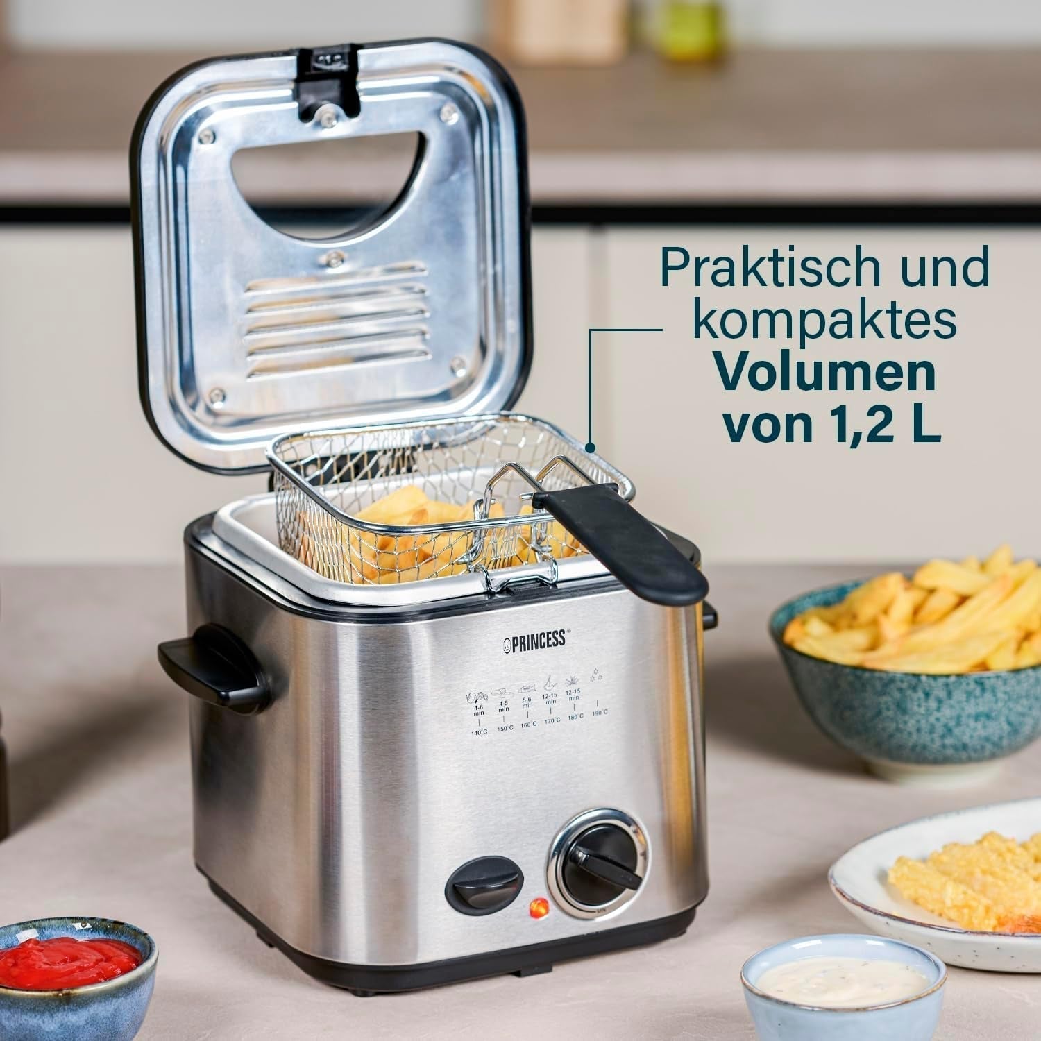 Princess 182611 Mini friteuză pentru fondue - Încălzire rapidă - Filtru de mirosuri - Capacitate de 1,2 litri, argintiu Electrocasnice Naty Shop