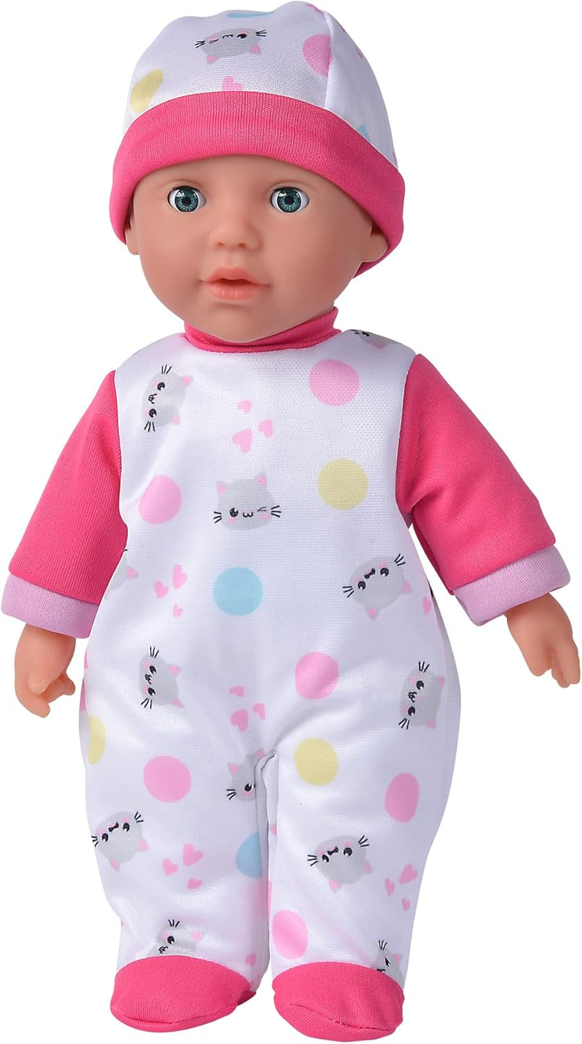 Simba 105140004 - Laura Cutie, păpușă cu corp moale și ochi adormiți într-o salopă drăguță în formă de pisicuță, 5 sunete, 30 cm, de la 12 luni