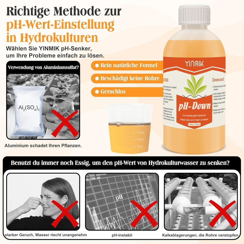 Regulator de pH pentru hidroponie, lichid pH Up și pH Down, fluid regulator de pH pentru scăderea sau creșterea valorii pH-ului, tampon premium 250 ml, potrivit pentru toate sistemele hidroponice (sol și apă)
