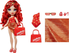 Rainbow High Swim & Style - Ruby (Roșu) - Păpușă de 28 cm cu Pareo Strălucitor, peste 10 Moduri de Purtare - Costum de baie detașabil, Sandale, Accesorii de Joacă - Jucărie - Ideală pentru Vârste 4-12 ani