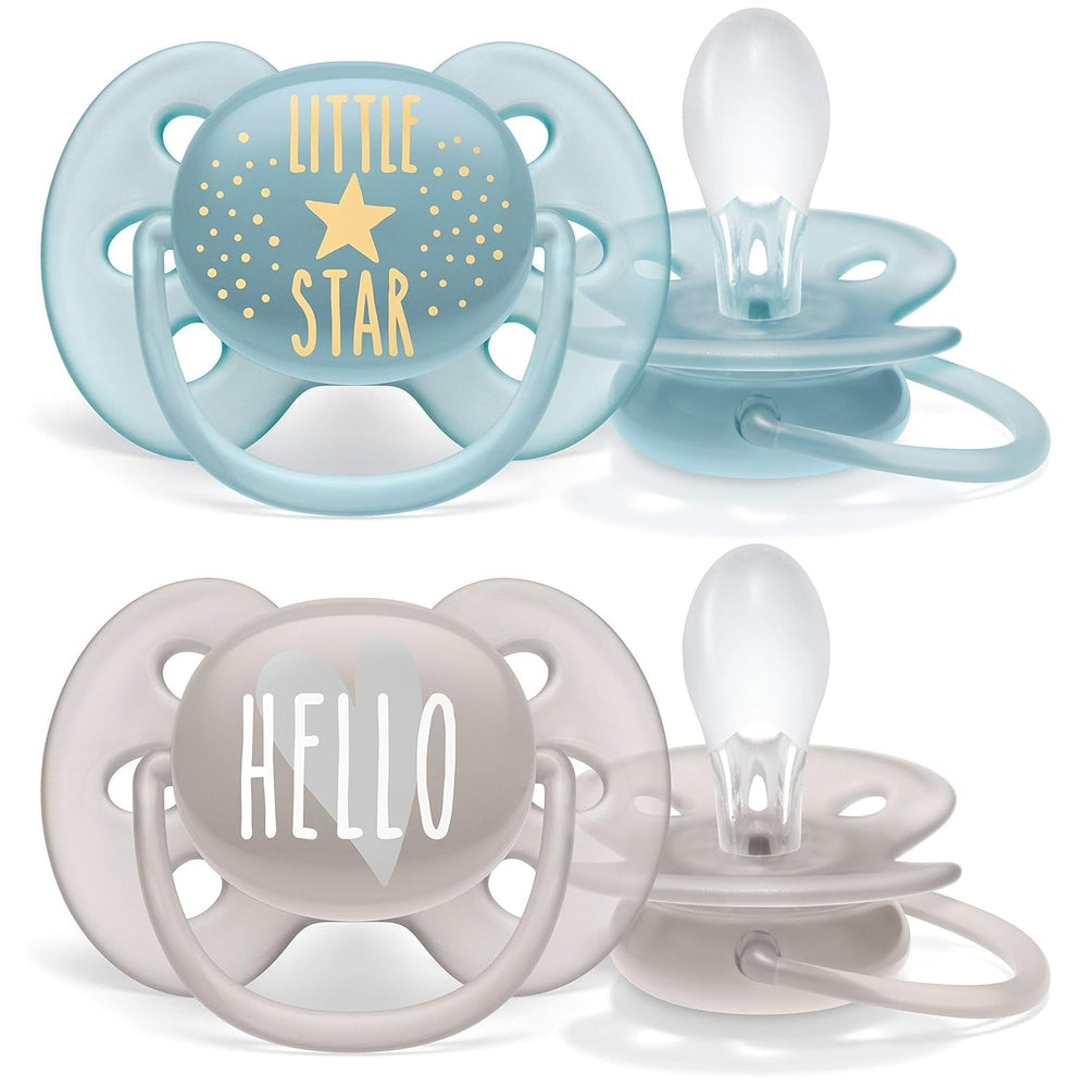 Suzete Philips AVENT ultra moi - pachet de 4 suzete extra moi, fără BPA, pentru bebeluși cu vârsta cuprinsă între 0 și 6 luni, inclusiv cutie de transport și sterilizare (Model SCF091/35)