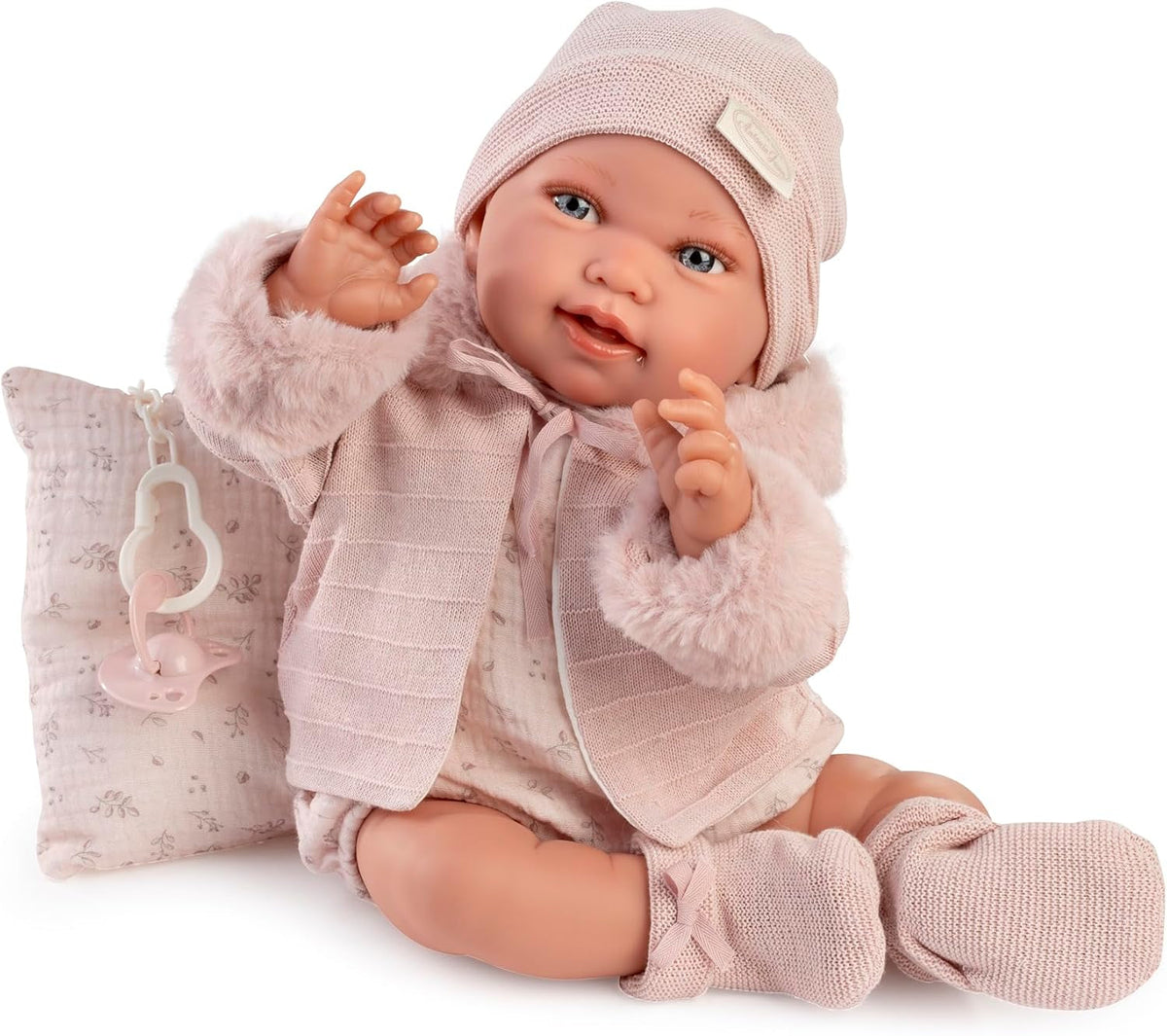 Antonio Juan Puppen für Neugeborene, Winterpfeife, realistische Babypuppe, 42 cm, mit rosa Kleidung, Schnuller und Kissen im Lieferumfang enthalten