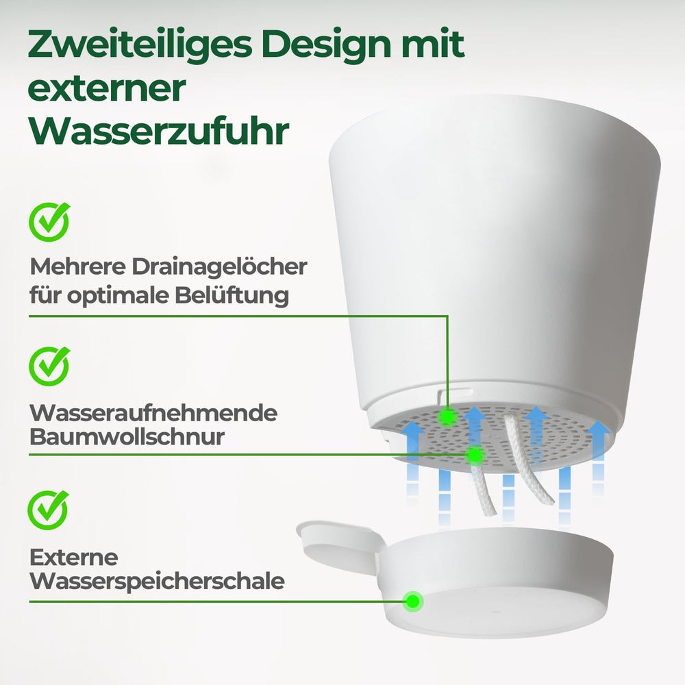 Ghiveci de flori din plastic T4U de 14 cm cu sistem de udare, set de 6 ghivece cu auto-udare și farfurioare, ghivece rotunde pentru plante de grădină de interior și balcon, suculente, cactuși, alb