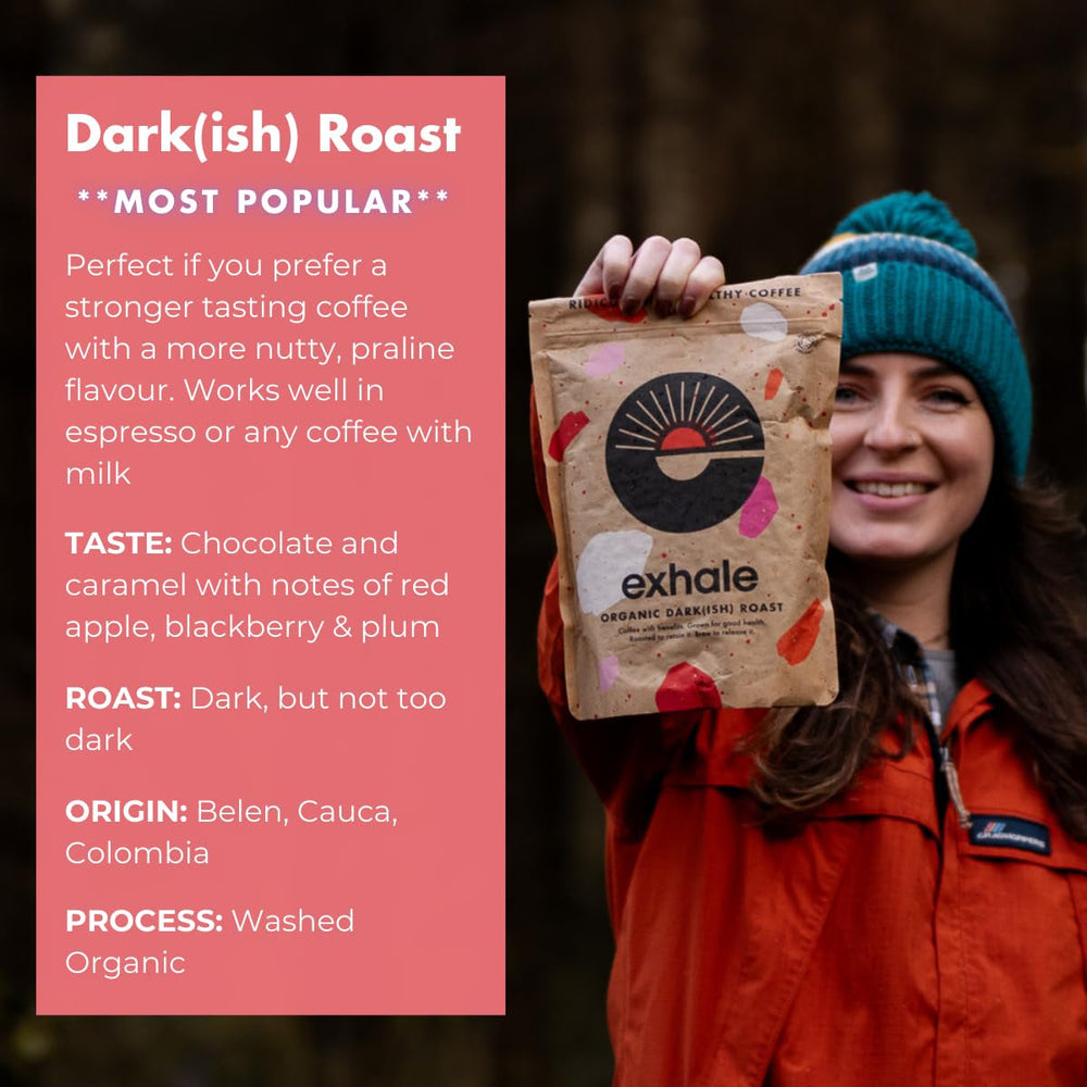 EXHALE Bio GANZE BOHNEN – Dunkel Gerösteter Kaffee – 450g Packung – Mykotoxinfrei & Geeignet für Bulletproof Coffee – Single Origin und 100% Arabica Bohnen