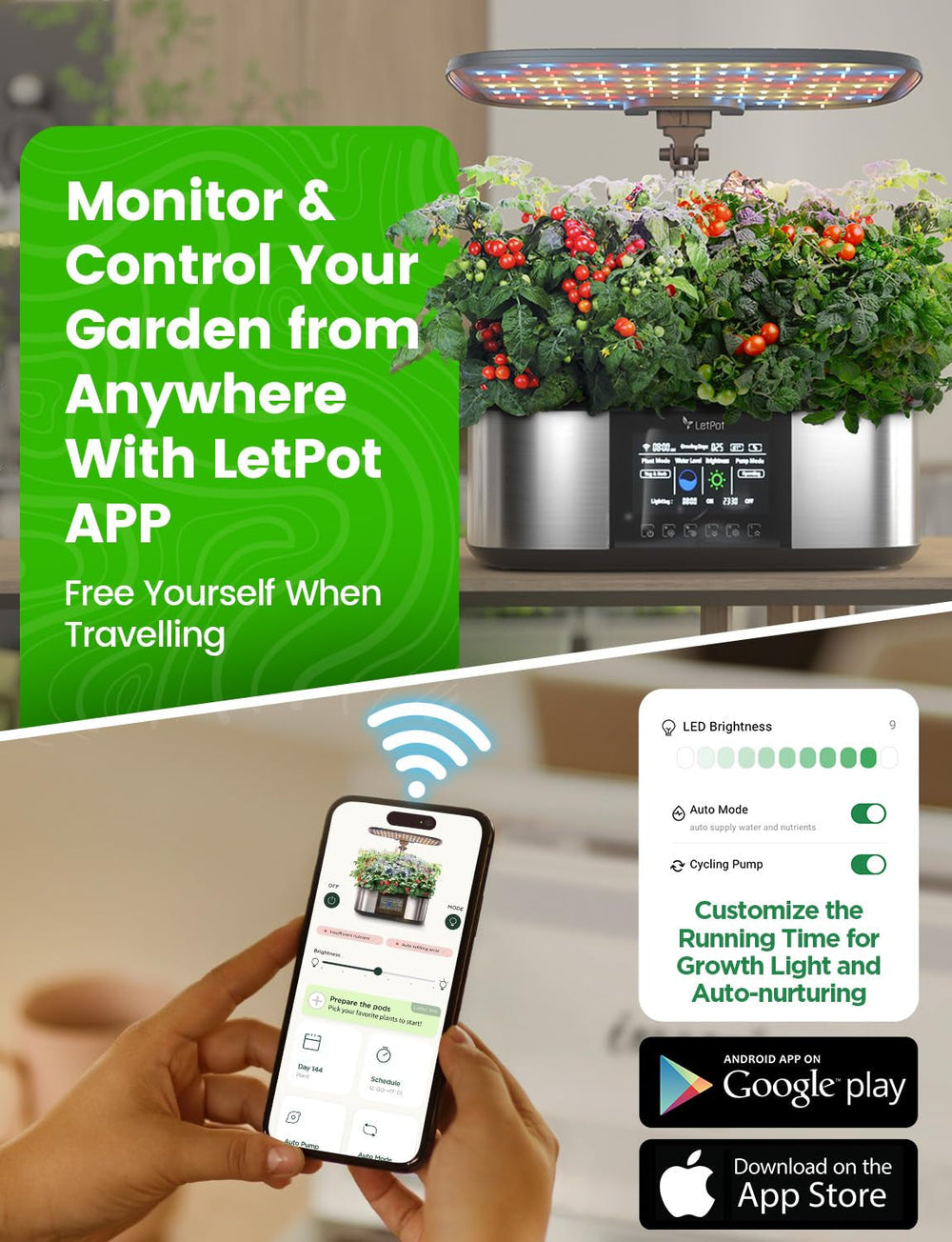 Kit sistem de creștere hidroponică LPH-Max, 21 de capsule, aplicație și WiFi, controlat automat, grădină inteligentă de interior cu lumină LED de 36W, kit de udare automată prin picurare, îngrijire autogestionată