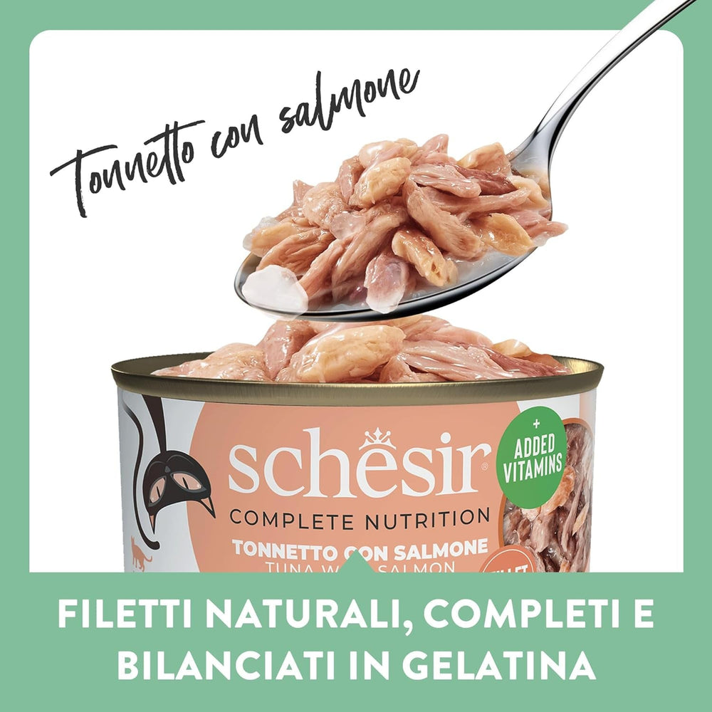 Ton cu somon în jeleu, hrană umedă completă pentru pisici, la conservă, cu vitamine adăugate, 100% naturală, 6 x 85 g