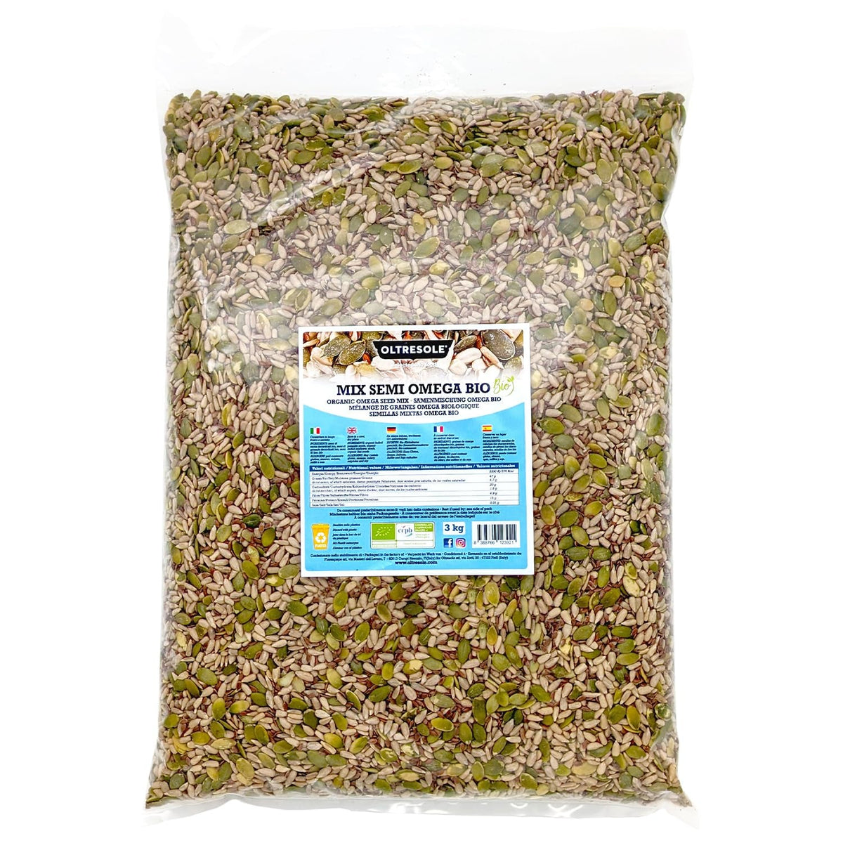 Mix organic de semințe Omega 3 kg (amestec de semințe de dovleac, floarea-soarelui și in), un amestec de 3 semințe oleaginoase crude întregi, bogat în proteine, fibre și acizi grași omega-3