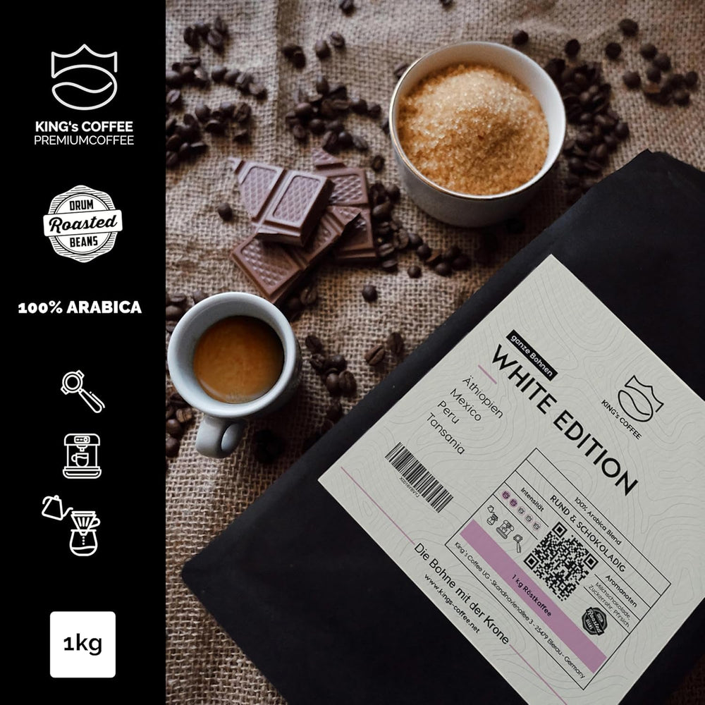 KING'S COFFEE - EDIȚIE ALBĂ - amestec ușor 100% Arabica din Etiopia, Mexic, Peru și Tanzania - prăjire în loturi mici în Italia - boabe de espresso întregi pentru aparate portafilter - 1 kg