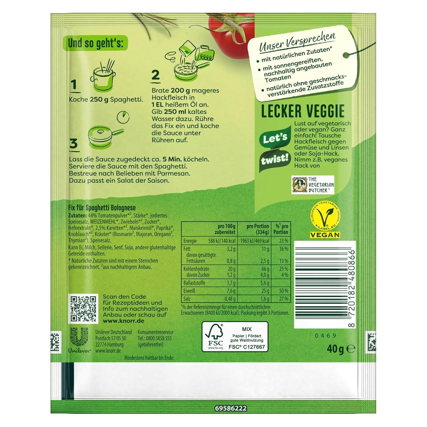 Knorr Fix Würzmischung Spaghetti Bolognese für ein leckeres Nudelgericht mit natürlichen Zutaten 40 g