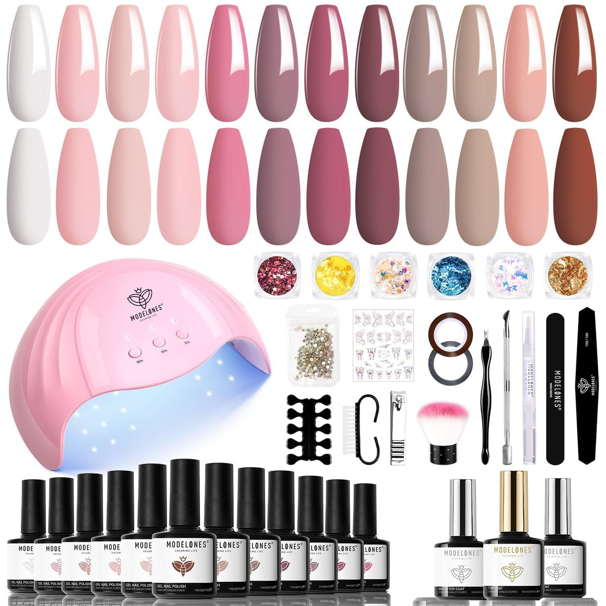 Modelones Set de 35 de bucăți pentru unghii cu gel, Set de ojă UV cu lampă 48W, Set de ojă gel maro nud alb roz, Set de ojă gel UV cu bază top coat Set studio unghii