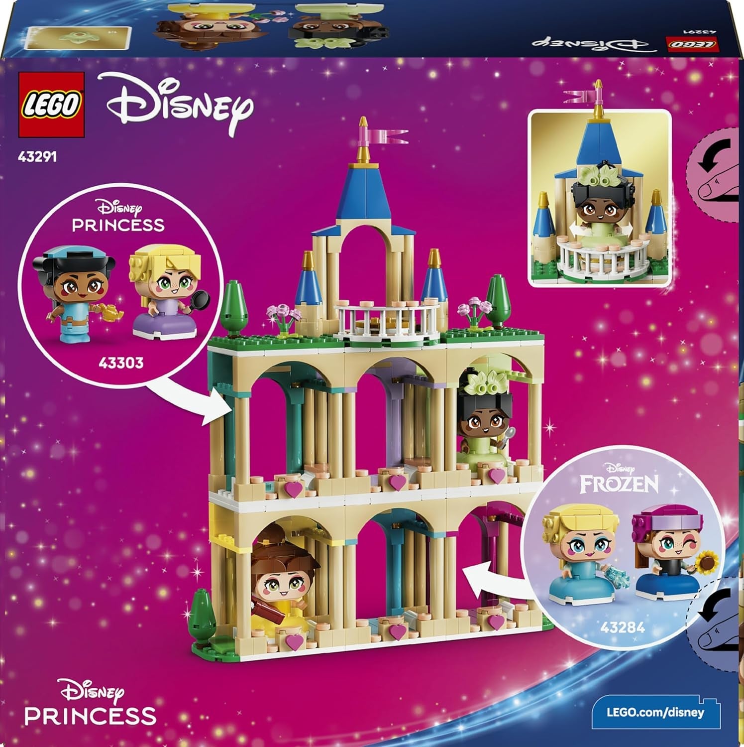 LEGO ǀ Disney Princess Die Mini-Prinzessinnen Belle und Tiana mit ihrem Schloss - Spielzeug mit 2 Minipuppen und Zubehör - DIY Deko - Geschenk für Mädchen ab 5 Jahren und Disney Fans - 43291