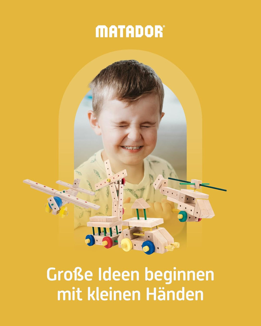 Matador Kinder Baukasten ab 3 Jahren 34-tlg. - Spannendes Holz Konstruktionsspielzeug zur Schulung von Kreativität und Feinmotorik, Bauspielzeug mit Stäbchen, Klötzen, Hammer & Zange