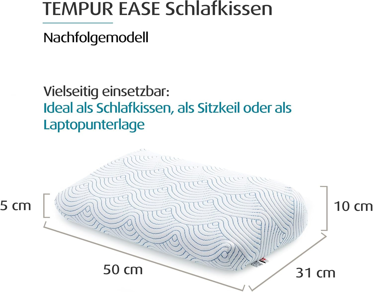 Pernă de dormit din spumă cu memorie TEMPUR EASE, pernă ergonomică de susținere a gâtului pentru orice poziție de dormit, suport ferm, 50 X 31 X 10/5 cm, alb Perne standard Naty Shop