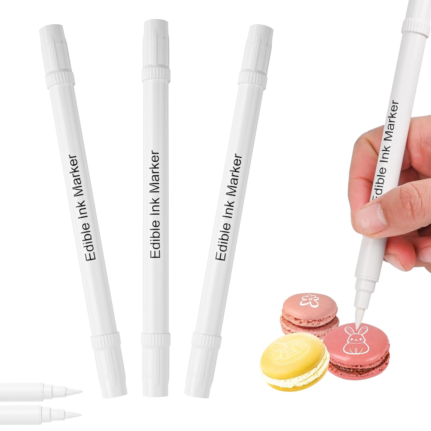 Set de 3 pixuri alimentare comestibile, albe, set de 3 cu vârf dublu, vegane, fără gluten, colorant alimentar fondant, albe pentru pictat și scris pe prăjituri etc.
