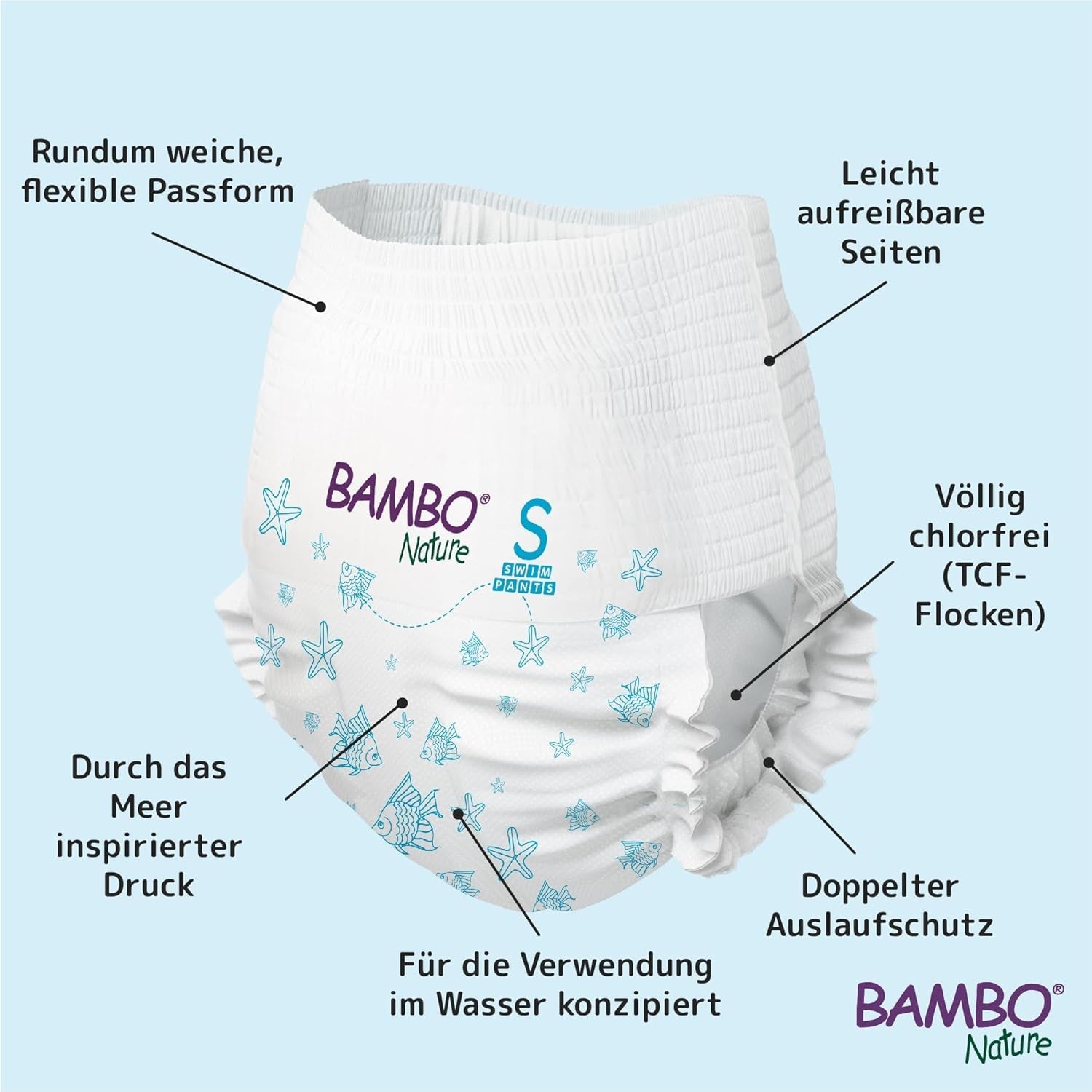 Scutece de înot Bambo Nature pentru bebeluși, mărimea S (7-12 kg), 12 scutece | Scutece de înot de unică folosință cu fixare sigură | Confort etanș în timpul jocului în apă