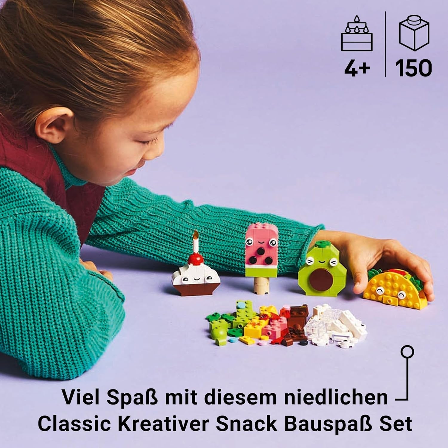 LEGO Classic Kreativer Snack Bauspaß, Spielzeug mit Essen für fantasievolle Rollenspiele, Bauset für Jungen und Mädchen ab 4 Jahren, Cupcake, Avocado, EIS am Stiel und Taco 11039