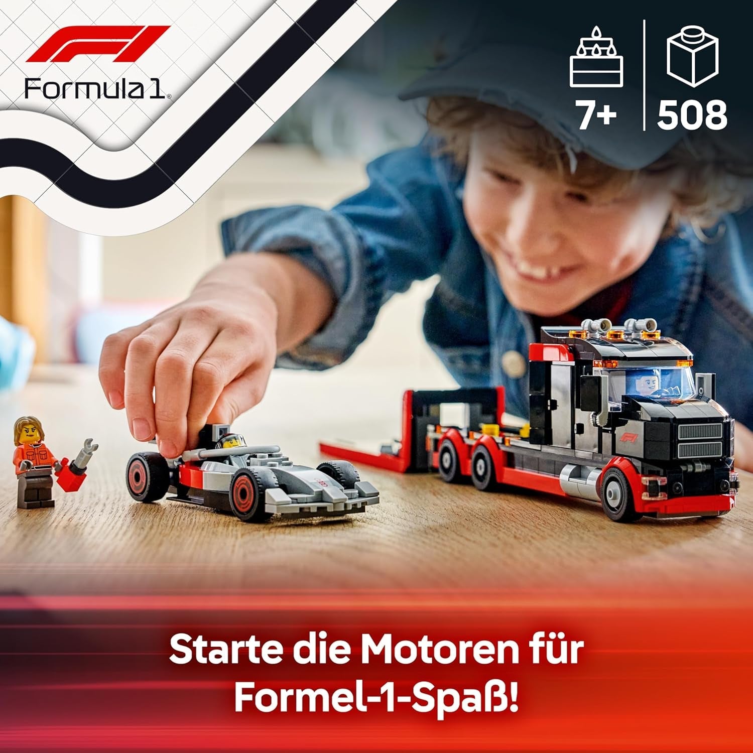 LEGO City F1 Truck mit Audi F1 Rennwagen - Spielzeug Modellbau mit 3 Minifiguren und Fahrzeug Hebefunktion - Geschenkidee für Jungen ab 7 Jahren und Motorsportfans - 60493