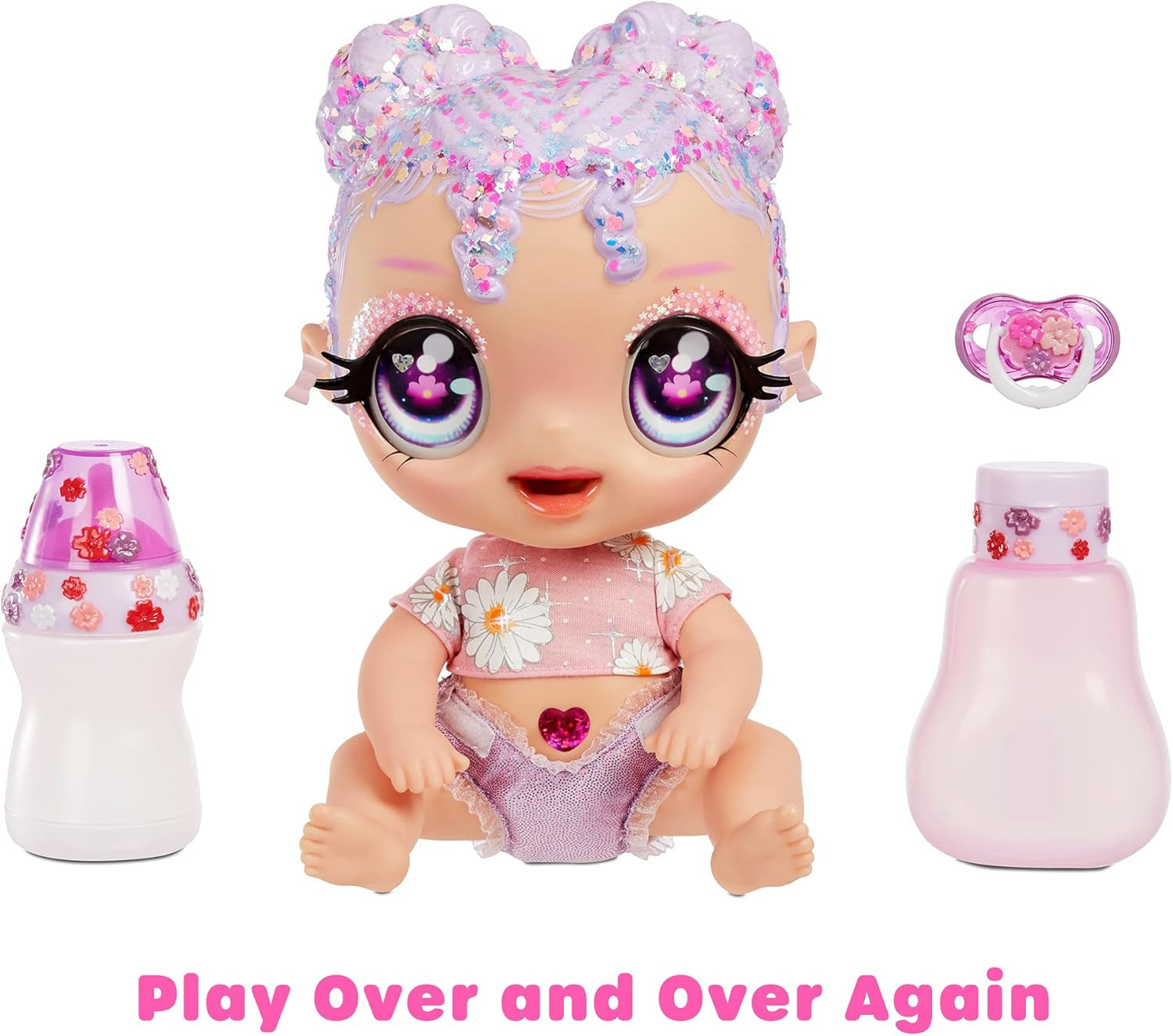 MGA Glitter Babyz - LILA WILDBLOOM - Babypuppe mit 3 magischen Farbwechseln durch eiskaltes Wasser - mit lila Glitzer-Haar, Wildblumen-Outfit, Windel, Flasche und Schnuller - Für Kinder ab 3 Jahren