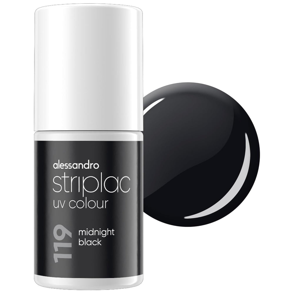 Oja UV alessandro Striplac Midnight Black – Delicată și de lungă durată – Îndepărtare ușoară datorită tehnologiei de îndepărtare peel-off – Vegană și cruelty-free – 8 ml