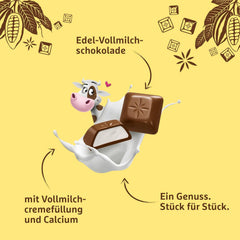 Schogetten pentru copii, tabletă de ciocolată 100g, ciocolată cu lapte cu umplutură cremoasă de lapte, porționată convenabil. O delicatesă. Bucată cu bucată.