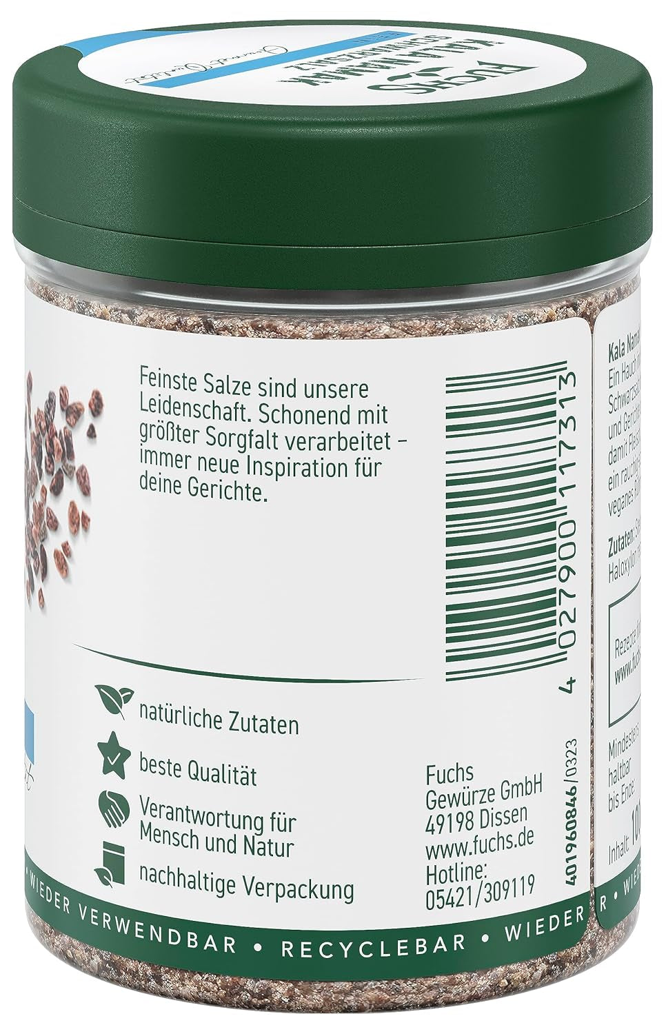 Fuchs Gewürze - Kala Namak - Schwarzsalz - Gewürzsalz für veganes Rührei - natürliche Zutaten - 100 g in wiederverwendbarer, recyclebarer Dose