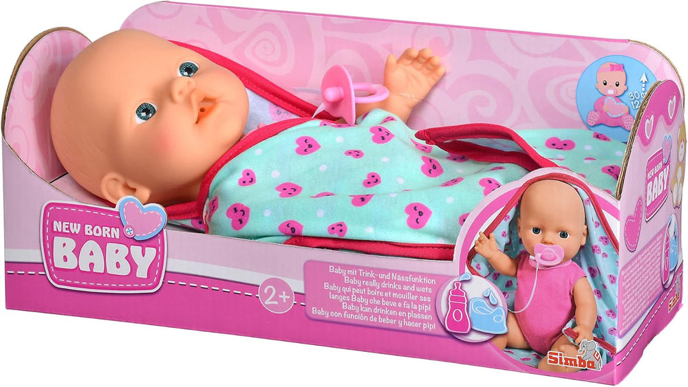 Simba 105030071 - New Born Baby mit Schmusedecke, Vollvinylpuppe mit Trink- und Nässfunktion, Schmusedecke und Schnuller, 30cm, Spielpuppe, Babypuppe ab 2 Jahre