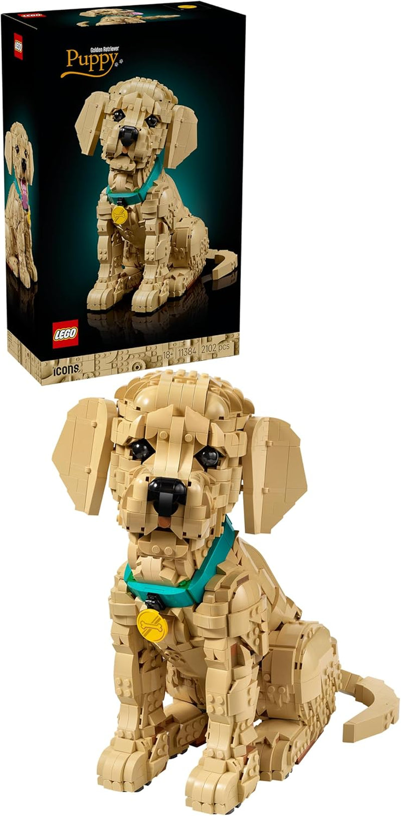 LEGO Icons Golden Retriever Welpe - Modellbau für Erwachsene - 3D Tierfigur zum Ausstellen mit Halsband & Medaille - DIY Deko für Regal oder Schreibtisch - Geschenkidee für Kunst- & Bastelfans - 11384