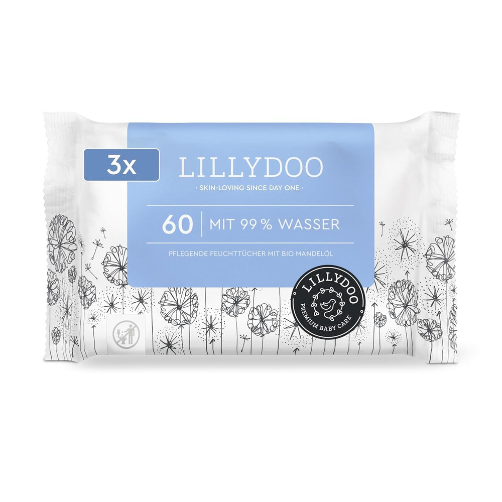 Șervețele umede LILLYDOO verzi, 600 bucăți (10 x 60), șervețel 100% fără plastic, rezistent la rupere - fără parfum, delicate și naturale, curățare delicată pentru pielea sensibilă, testate dermatologic