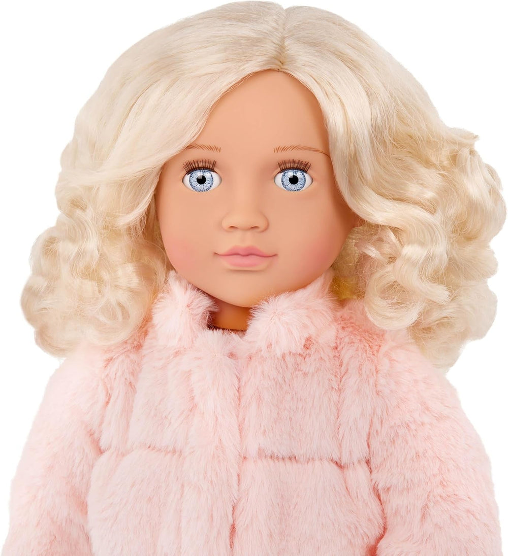 Our Generation - AVA - 46 cm-Modepuppe - Lebensechte hellblaue Augen & gewelltes Blondes Haar - Rosa Kunstpelz-Mantel-Outfit - Vorgetäuschtes Spiel - Spielzeug für Kinder ab 3 Jahren