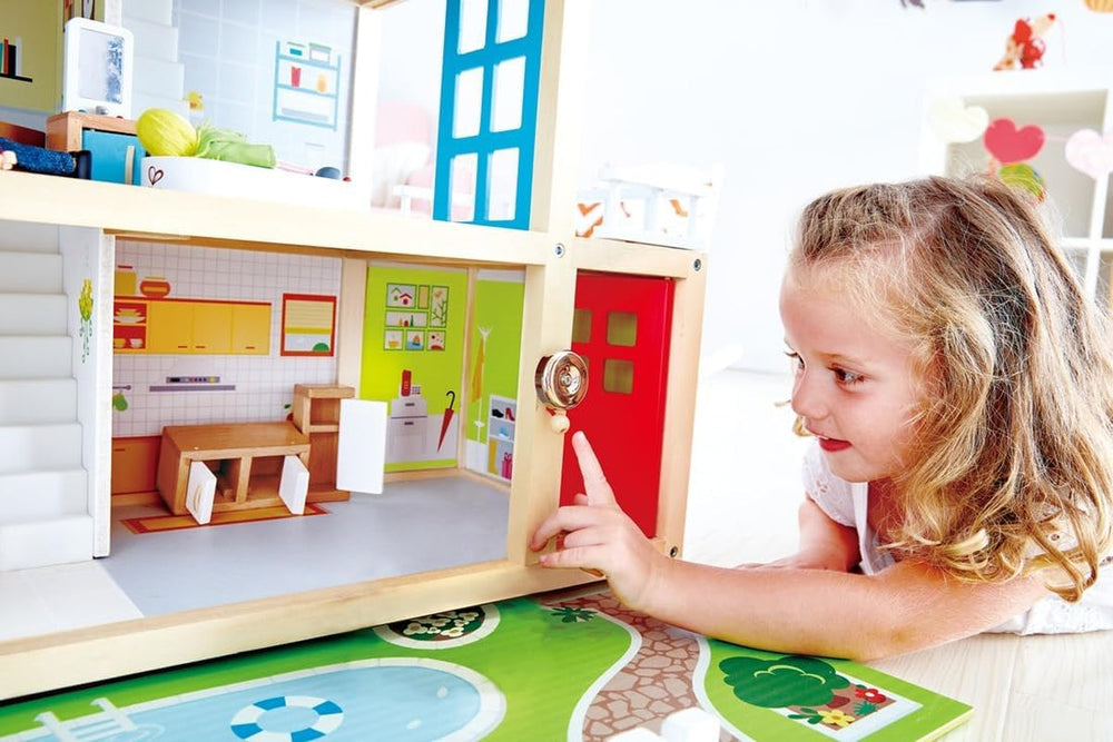 Casă de păpuși Hape Doll's Villa din lemn cu 10 camere, joc de rol creativ, inclusiv mobilier și accesorii, jucărie educativă, pentru copii de la 3 ani în sus