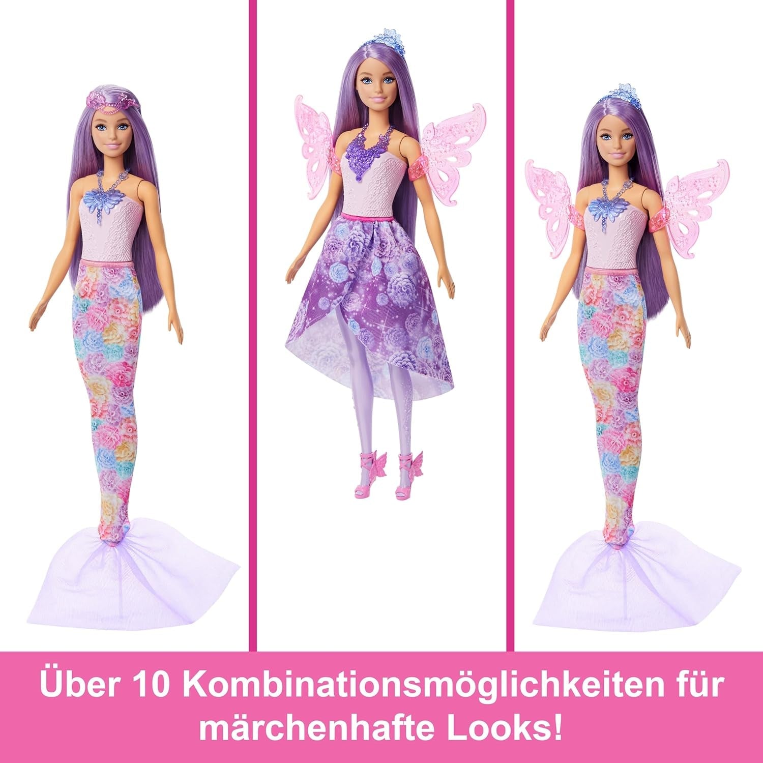 Barbie 3-in-1 Fantasie Puppe, Spielset mit 8 Accessoires inklusive Meerjungfrauen-Schwanzflosse, Feenflügen, königlichen Ketten, Schuhen un vielem mehr für über 10 Verschiedene Looks, JCP74