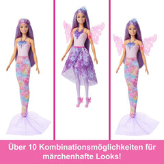 Păpușă Barbie 3 în 1, set de joacă cu 8 accesorii, inclusiv coadă de sirenă, aripi de zână, coliere regale, pantofi și multe altele pentru peste 10 look-uri diferite, JCP74